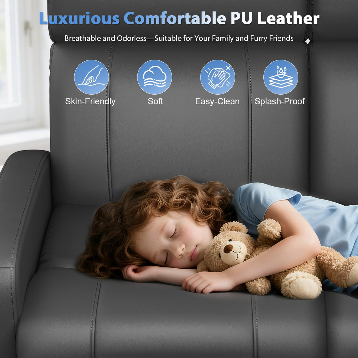 Duitrc Power Loveseat Recliner Sofa, Electric Reclining Loveseat with Adjustable Headrest, Extended Footrest, USB Type-C Ports, Grey PU Leather 2 Seater Reclining Couch for Living Room, RV, Office Duitrc