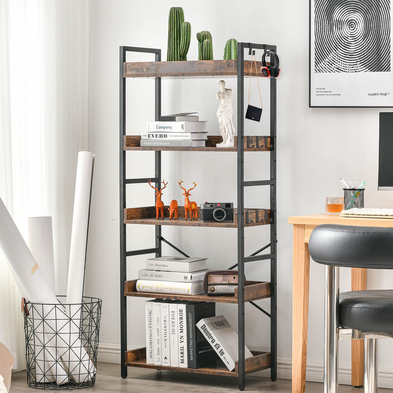 HCHQHS Rustic Brown 5-Tier Adjustable Open Bookcase with Industrial Metal Accents - WoodArtSupply