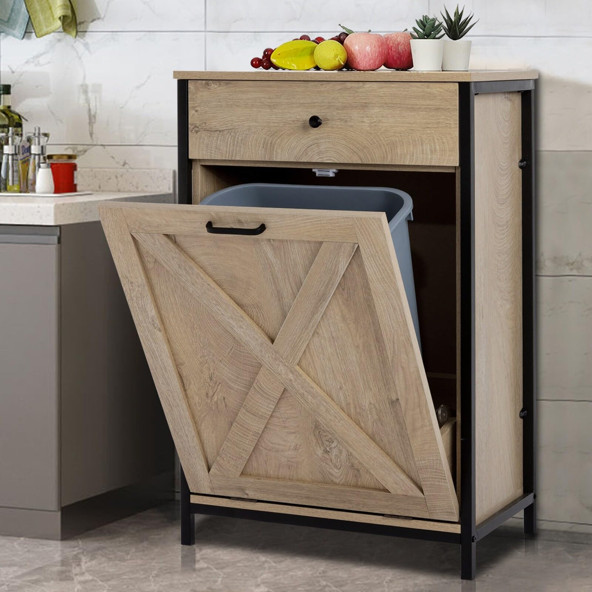 Bed Bath & Beyond 10 Gallon Tilt Out Kitchen Trash Cabinet Trash Can Wooden Tilts Out Hands Laundry Recycling Holder Brown Oak Bed Bath & Beyond
