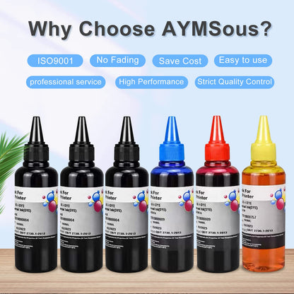 AYMSous Ink Refill Kit for HP 60 61 63 64 65 902 932 952 950 951 564 Refillable Ink Cartridge for HP Envy 4500 4520 5643 OfficeJet 6500a 6500 6000(6x100ML 3 Black, 1 Cyan. 1 Magenta, 1 Yellow)