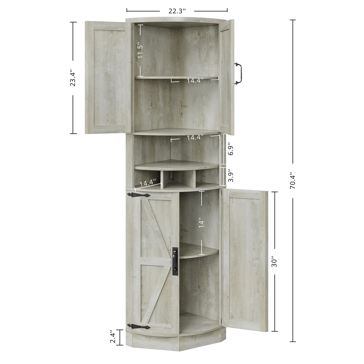 IRONCK Tall Corner Cabinet with 3 Wine Racks, Farmhouse Storage Cabinet with 4 Doors and Adjustable Shelves, Barn Door Design, Corner Bar Cabinet for Living Room, Kitchen, Laundry Room Rustic Maple IRONCK