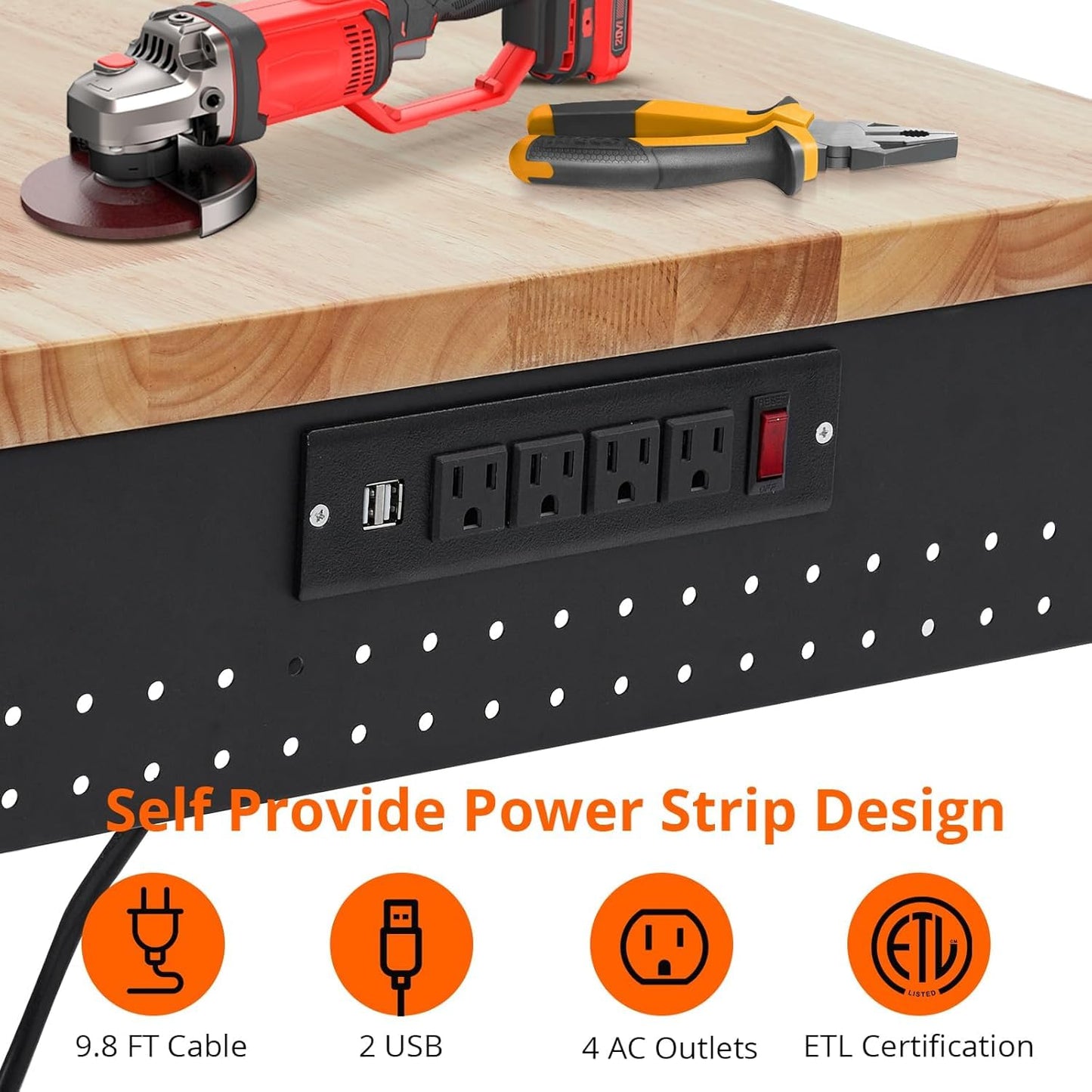 Adjustable Workbench for Garage, 48" x 24" Portable Work Bench, 2000 Lbs Capacity, Rubber Wood Workstation w/ 4 Rolling Casters, Heavy Duty Work Table with 2 USB & 4 AC Outlets - WoodArtSupply