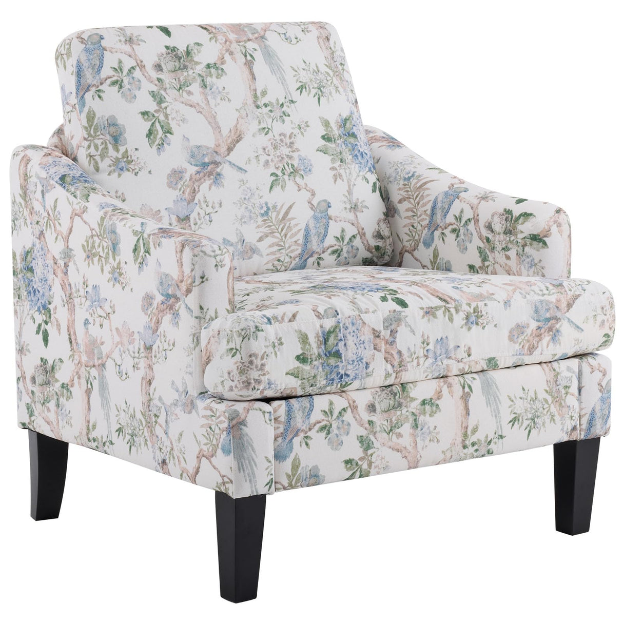 Bezseller Floral Accent Chair, Upholstered Reading Armchair with Wood Legs, Mid-Century Leisure Comfy Single Sofa Chair for Living Room, Bedroom, Home, Office, White Floral Bezseller