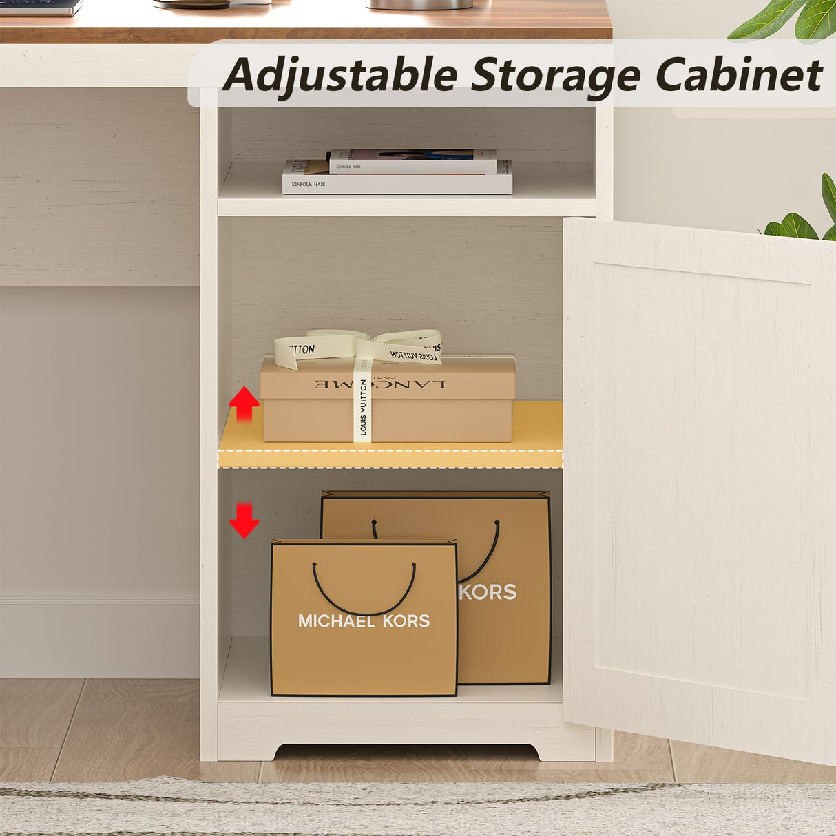 YOMILUVE 63" Farmhouse L Shaped Executive Desk with Drawers & Storage Shelf, Corner Computer Desk with Power Outlets, L Shaped Office Desk with Monitor Stand, Printer Shelf, Antique White YOMILUVE