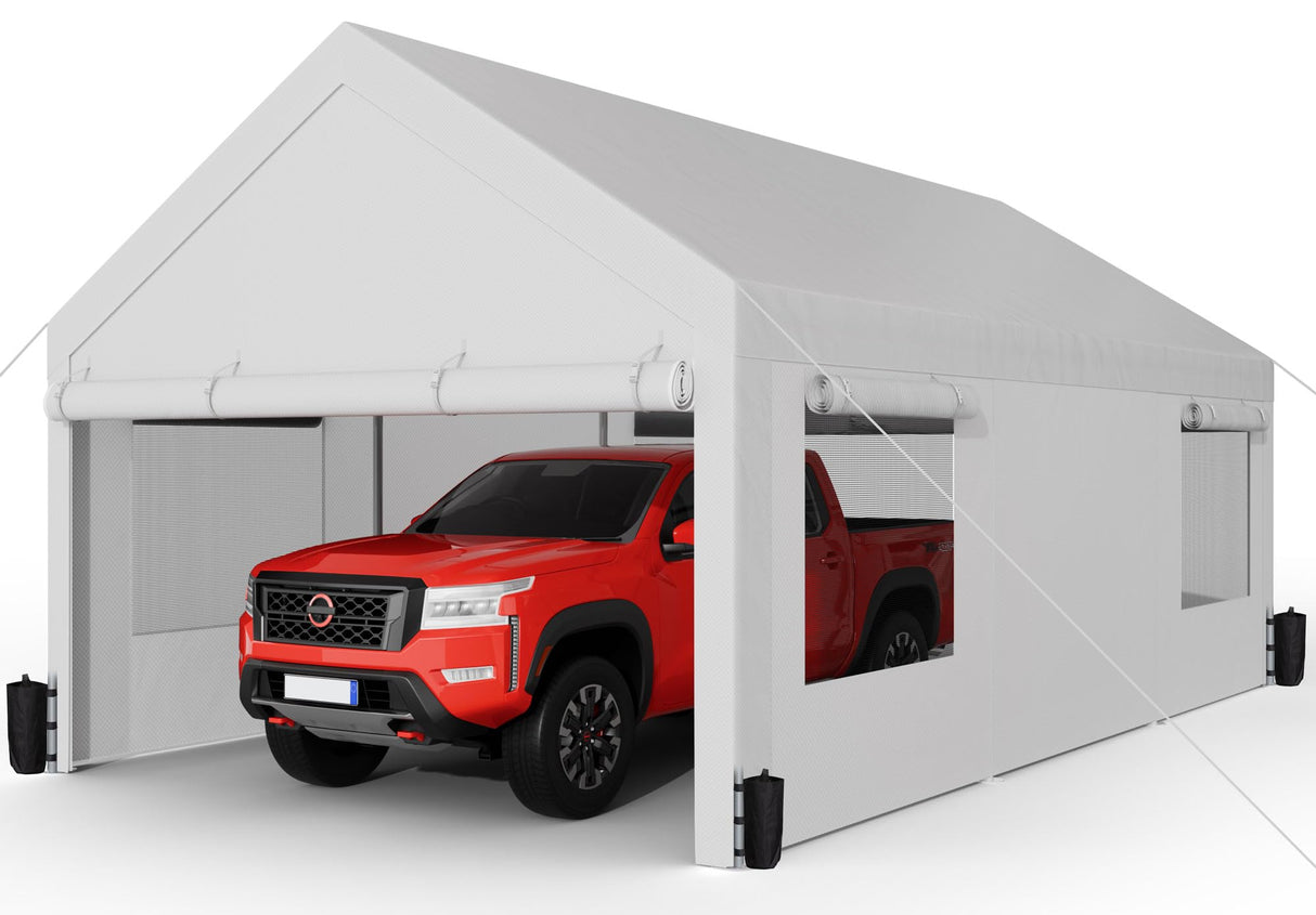 Shintenchi Carport 12' x 20' Heavy Duty Portable Garage, Car Port Canopy with Side-Opening Removable Door & Roll-Up Windows, Car Canopy for Truck,Car,Boat,Motorcycle,White Shintenchi