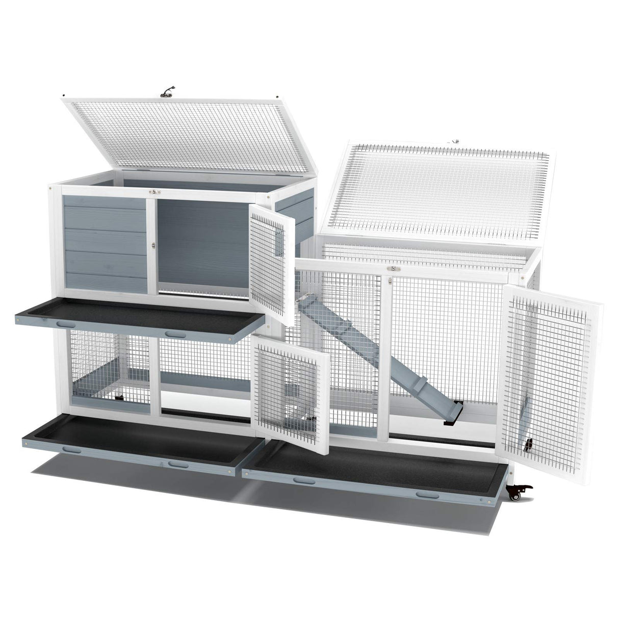 GDLF Two Floors 58" Wooden Indoor Bunny Hutch Rabbit Cage on Wheels Guinea Pig PET House for Small to Medium Animals Waterproof No Leak Tray GDLF