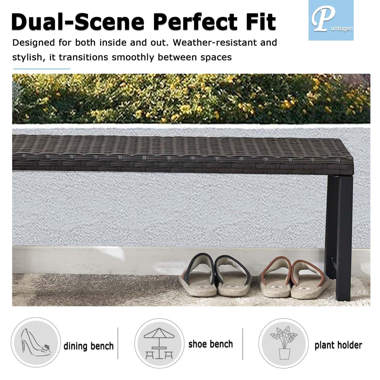 46” Black Rattan Bench with Metal Legs, Wicker Frame Patio Bench for Hallway, All Weather Outdoor Bench for Garden, Backyard, Porch Puntogen