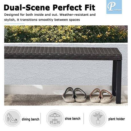 46” Black Rattan Bench with Metal Legs, Wicker Frame Patio Bench for Hallway, All Weather Outdoor Bench for Garden, Backyard, Porch Puntogen
