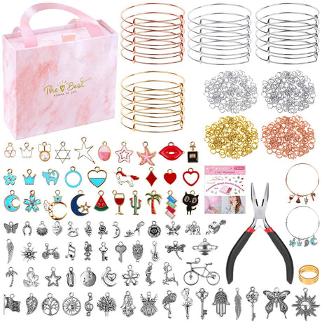 Thrilez 300Pcs Charm Bangle Bracelets Making Kit with Expandable Bangles, Charms, Jump Rings and Pliers for Jewelry Making Bangle Bracelets (with Gift Box and Tools) Thrilez