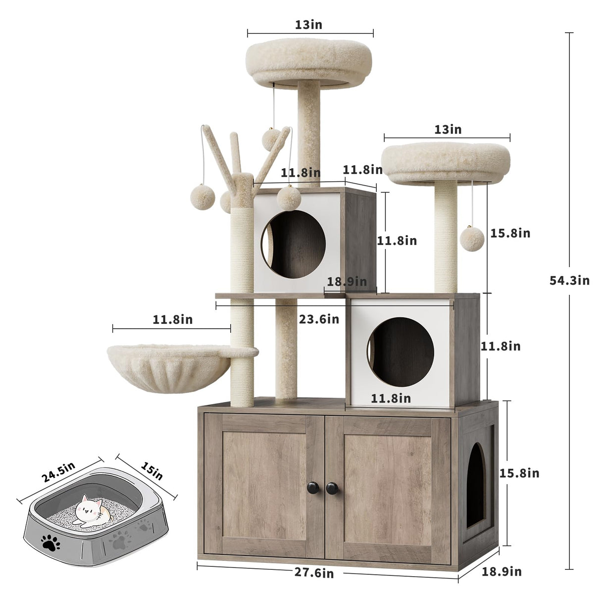 Litter Box Enclosure with Cat Tree Tower and Condo, Hidden Cat Washroom Furniture with Sisal Scratching Post & Soft Plush Perch, Wooden Cat Furniture with Multiple Platforms,Griege Amenitlif