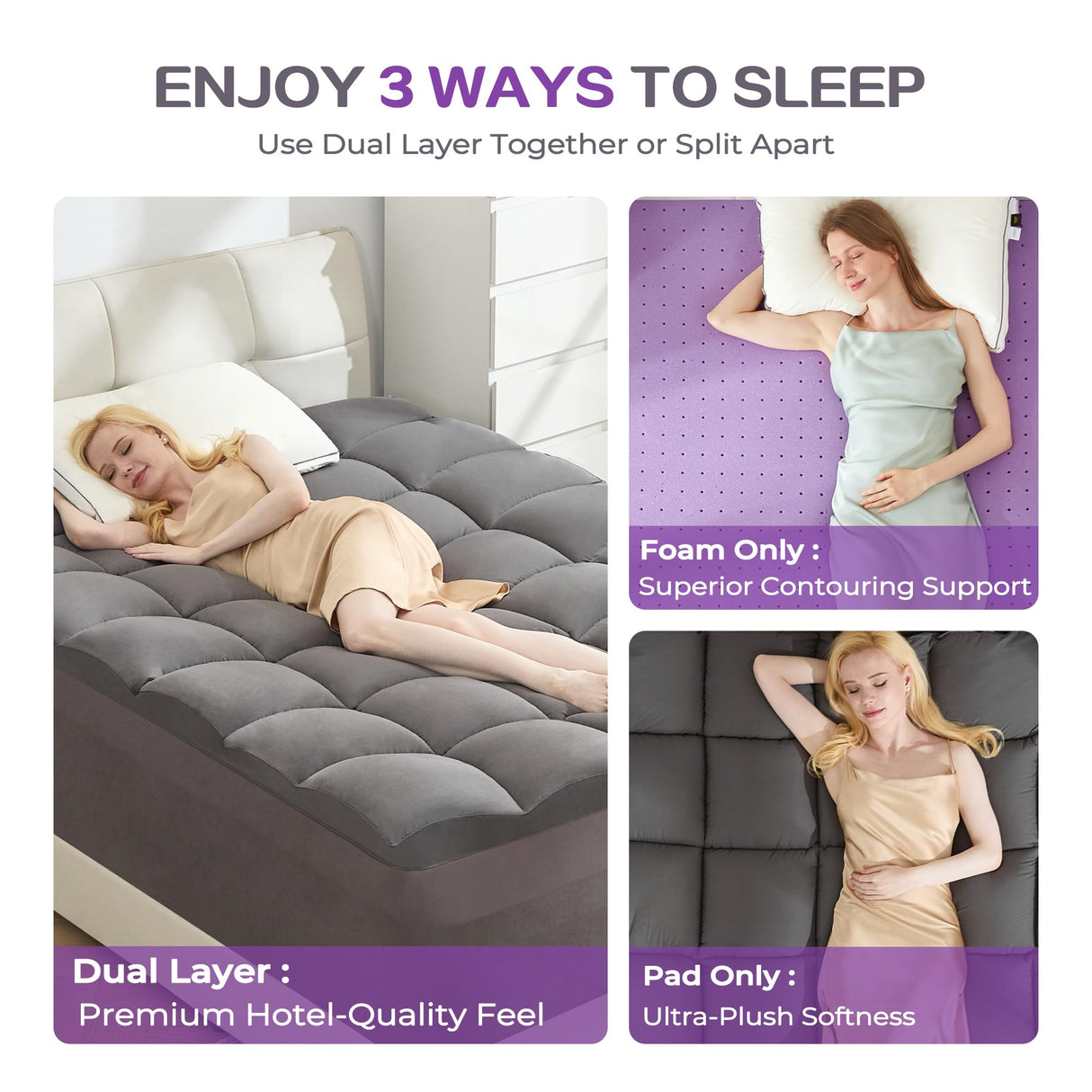 SINWEEK Dual Layer 5 Inch Memory Foam Mattress Topper King Size, 3 Inch Gel Memory Foam Plus 2 Inch 1450 GSM Down Alternative Quilted Pillow Top Mattress Pad Cover, Dark Gray SINWEEK