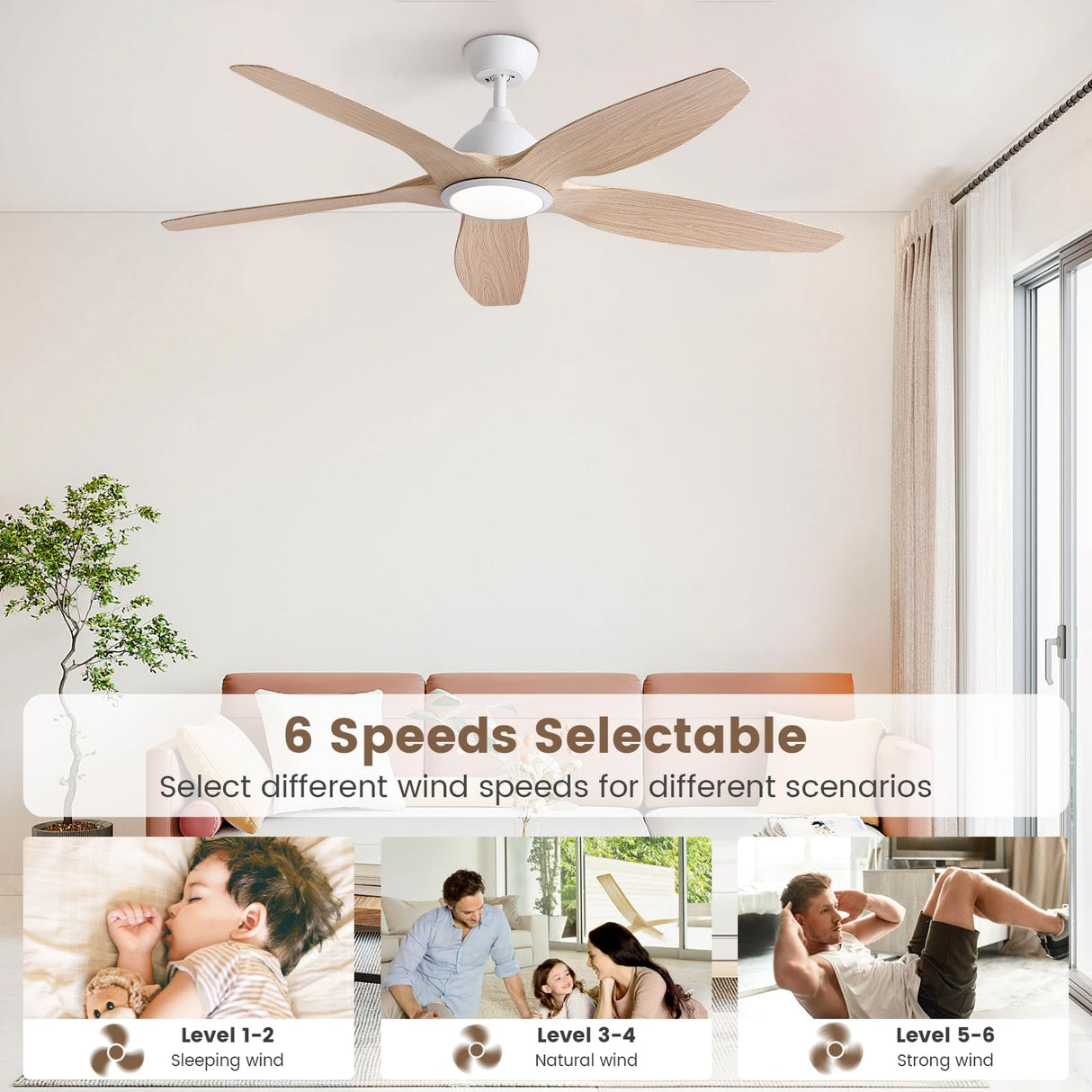 Newdayr 60" Wood Ceiling Fan with Lights Remote and Control, 6 Speeds, 3 Color Tones Dimmable LED, 6H Timer, Modern, Noiseless Reversible DC Motor, Large Indoor, Kitchen, Bedroom, Living Room Newday