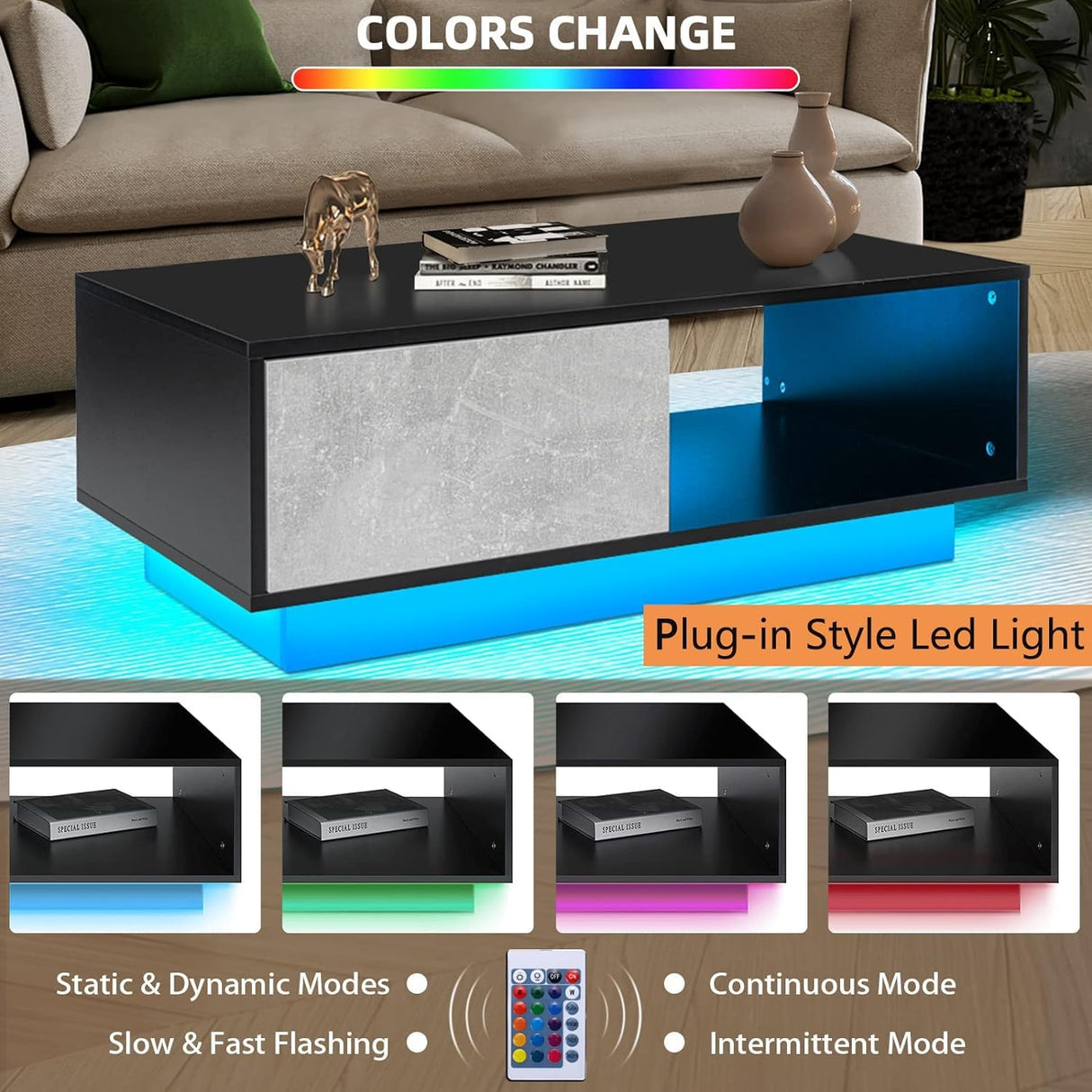 HOMMPA Led Coffee Table for Living Room Grey Black Coffee Table with LED Lights Low Profile Center Table with High Gloss Cocktail Table with Led Lights for Small Place 13" Tall HOMMPA