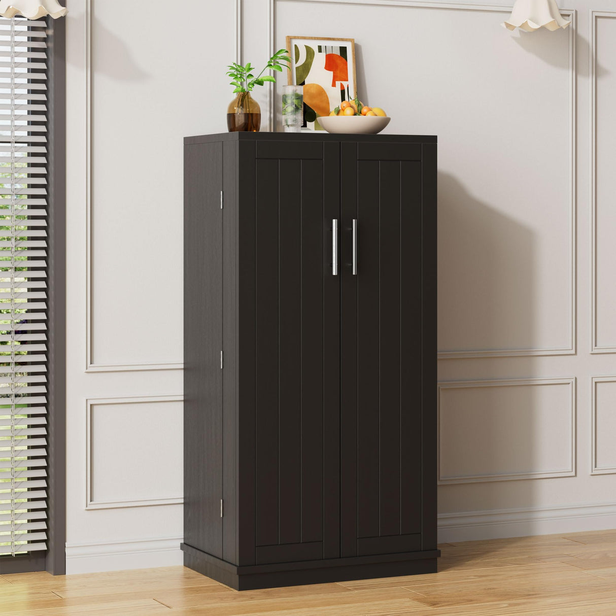 Meilocar 47in Kitchen Pantry Cabinet, Wood Kitchen Storage Pantry Cabinets Freestanding Pantry Cabinet with Doors & Adjustable Shelves, Pantry Cabinet for Kitchen, Living Room, Black Meilocar