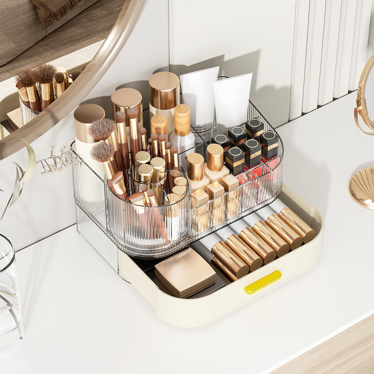 Delamu Makeup Organizer for Vanity with Stackable Drawers, 360 Rotating Makeup Brush Holder Large Cosmetic Display Case for Dresser, Bathroom Countertop Skincare Organizers and Storage, Elegant White Delamu