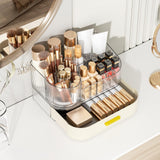 Delamu Makeup Organizer for Vanity with Stackable Drawers, 360 Rotating Makeup Brush Holder Large Cosmetic Display Case for Dresser, Bathroom Countertop Skincare Organizers and Storage, Elegant White Delamu