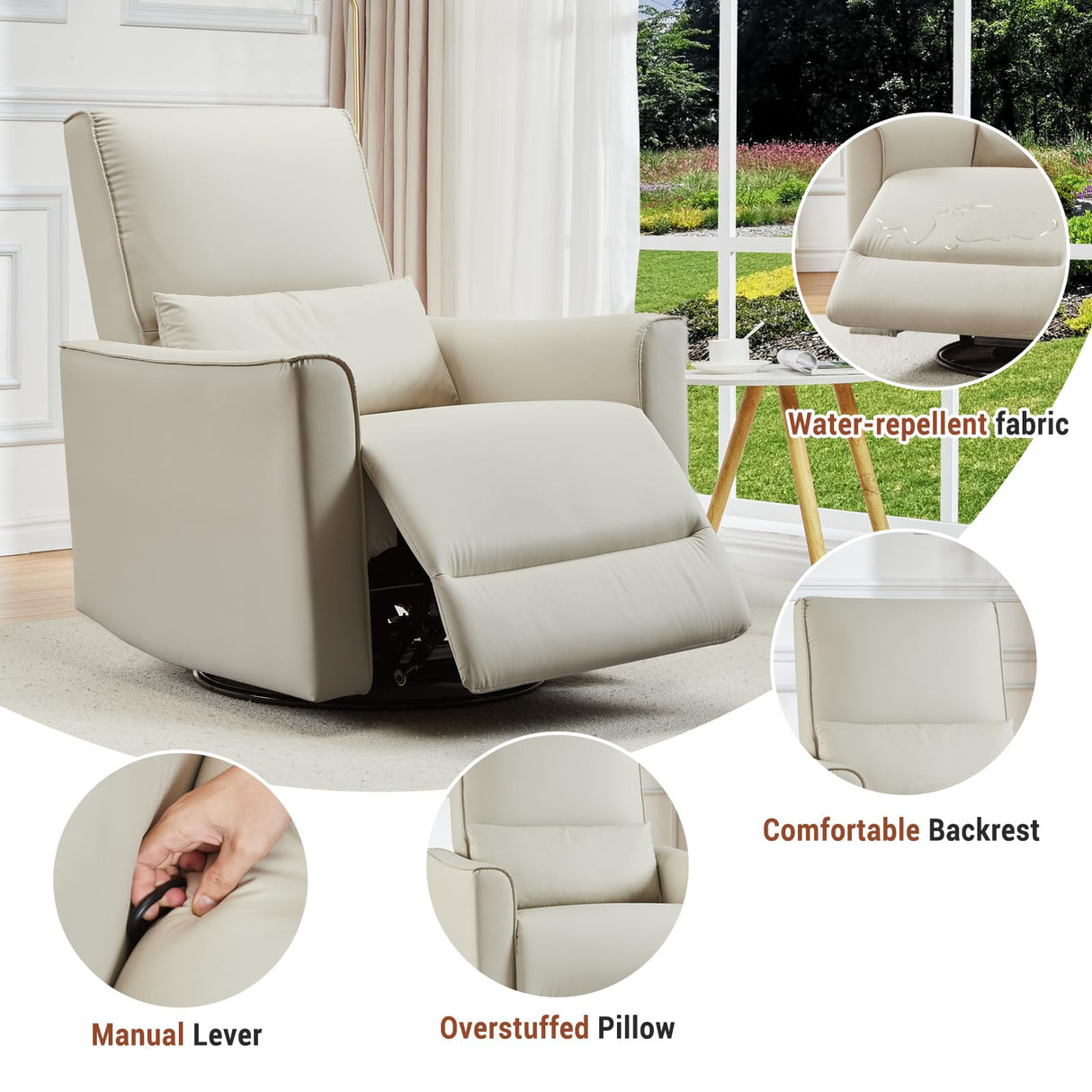 GAOMON Swivel Rocking Recliner Chair, Manual Leather Recliner Glider with Lumbar Support & Padded Armrest, Comfortable Rocker Nursery Single Sofa for Living Room and Bedroom (White) GAOMON