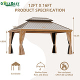 GAZEBEST 12' X 16' Hardtop Gazebo Outdoor Aluminum Patio Gazebo Double Roof Galvanized Steel Gazebo Canopy Wooden Finish Coated with Netting and Curtains,for Garden Patio,Patio Backyard,Deck and Lawns GAZEBEST