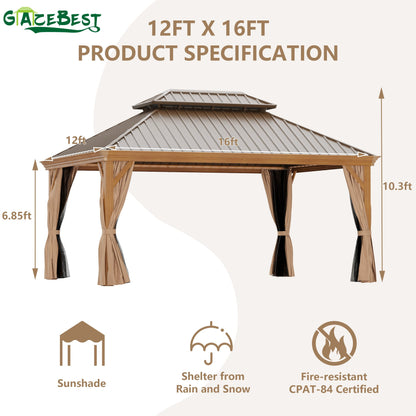 GAZEBEST 12' X 16' Permanent Hardtop Gazebo, Outdoor Galvanized Steel Double Roof Pavilion Pergola Canopy Wood-Looking with Aluminum Frame and Privacy Curtains for Garden,Patio Backyard,Deck and Lawns