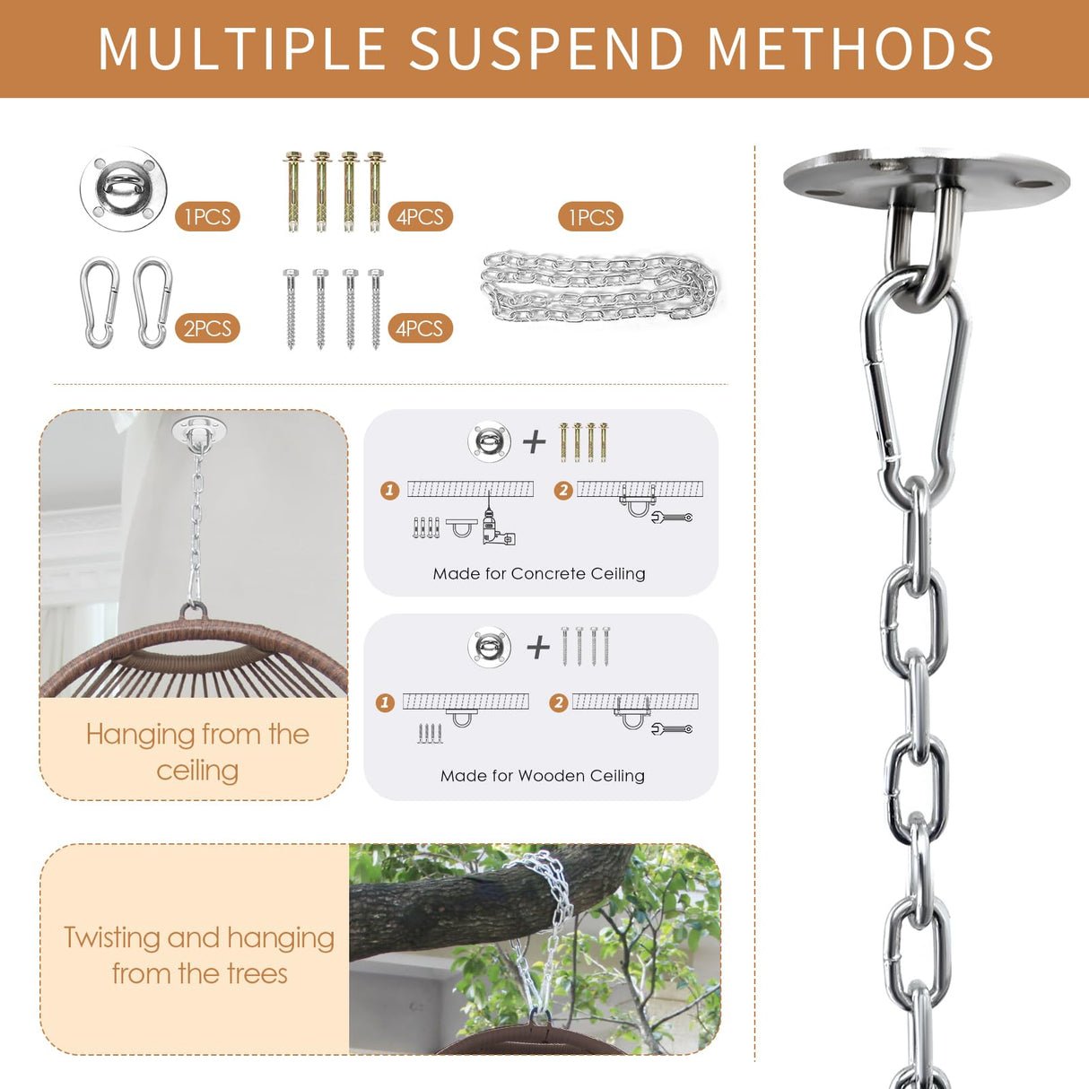 Nicesoul Outdoor Hanging Egg Chair Without Stand, Patio Wicker Swing Egg Basket Chairs with Padded Cushions, 350 Lbs Ceiling Tree Swinging Egg-Shaped Chair No Stand for Indoor Bedroom Porch, Brown NICESOUL