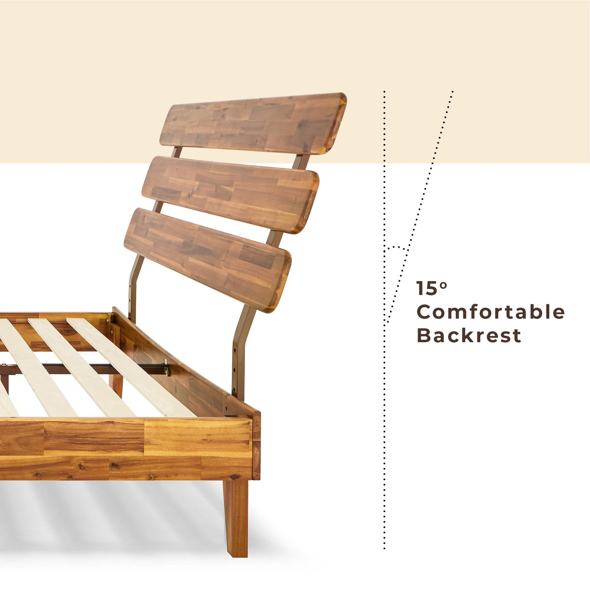 Bme Caden 15-Inch Adjustable Headboard Queen Bed Frame - Mid-Century Retro Acacia Wood, No Box Spring Needed Bme