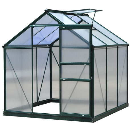 Outsunny 6' x 6' x 6.5' Polycarbonate Greenhouse, Heavy Duty Outdoor Aluminum Walk-in Green House Kit with Rain Gutter, Vent and Door for Backyard Garden, Dark Green Outsunny