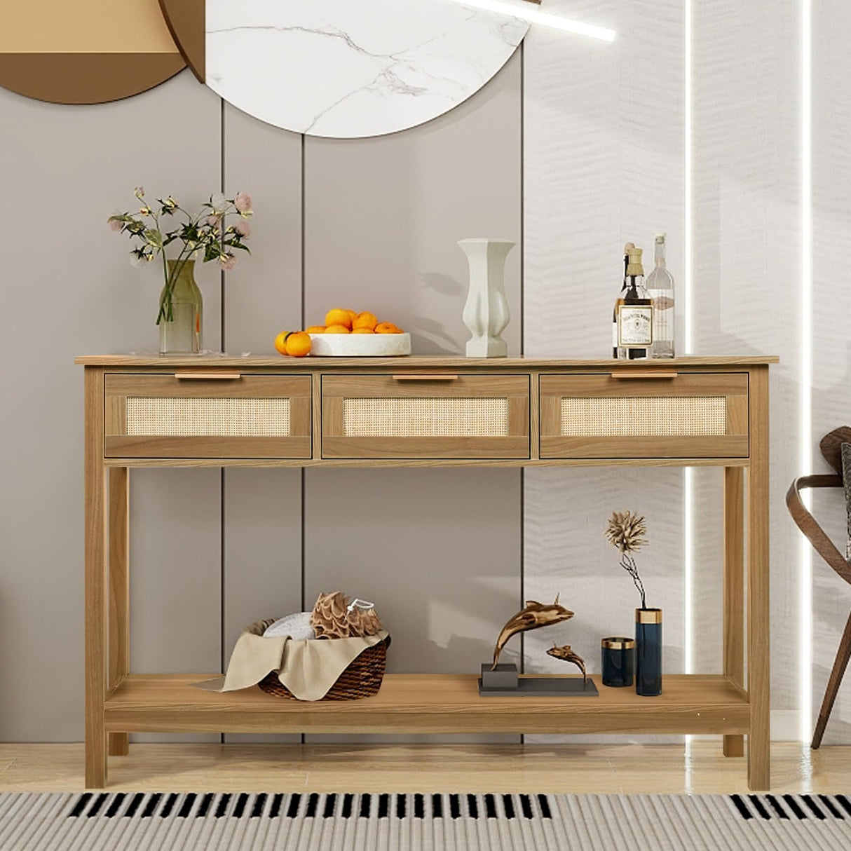 LAZZO Rattan Console Table Boho Entryway Table Narrow Long Sofa Table Hallway Foyer Table Behind Couch Table with 3 Drawers and Open Storage Shelf for Living Room and Corridor Brown LAZZO