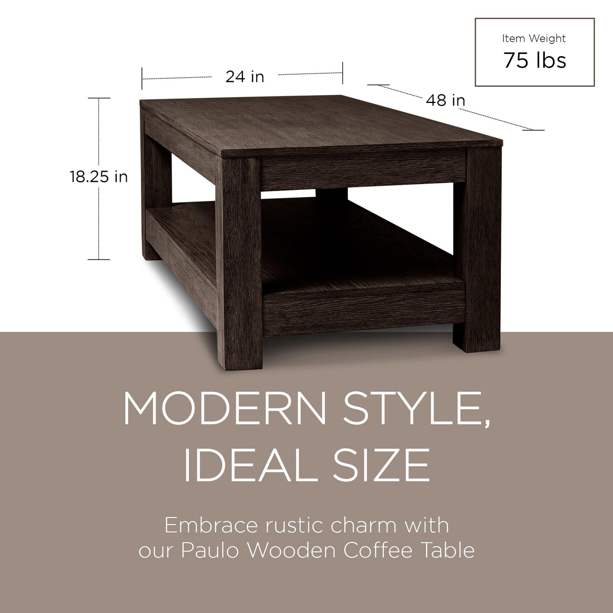 Maven Lane Paulo Large 2 Tier Rustic Rectangle Wooden Center Coffee Table with Shelf Storage for Living Room in Weathered Brown Finish Maven Lane