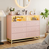 Klysiora Dresser for Bedroom with 6 Drawers, Wide Wooden Dresser with LED Light and Charging Station, Large Storage Space, Modern Storage Organizer Unit for Closet, Entryway Klysiora