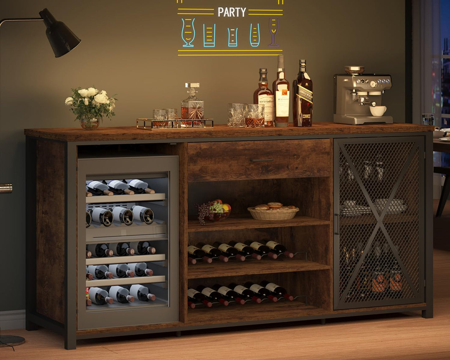 LVB Rustic Brown Large Bar Cabinet with Fridge Space and Storage Drawers - WoodArtSupply