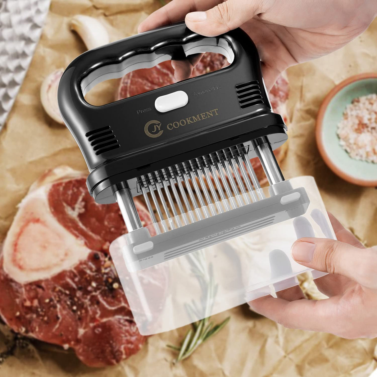 JY COOKMENT Meat Tenderizer Tool with 48 Stainless Steel Ultra Sharp Needle Blades, Detachable Kitchen Cooking Tool Best For Tenderizing, BBQ, Marinade JY COOKMENT