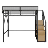KEIKI Full Size Metal Loft Bed Frame with Staircase, Built-in Storage Shelves and Wardrobe, Modern Loft Bed with Solid Slats and Guardrail, No Box Spring Required, Easy Assembly, for Bedroom, Black KEIKI