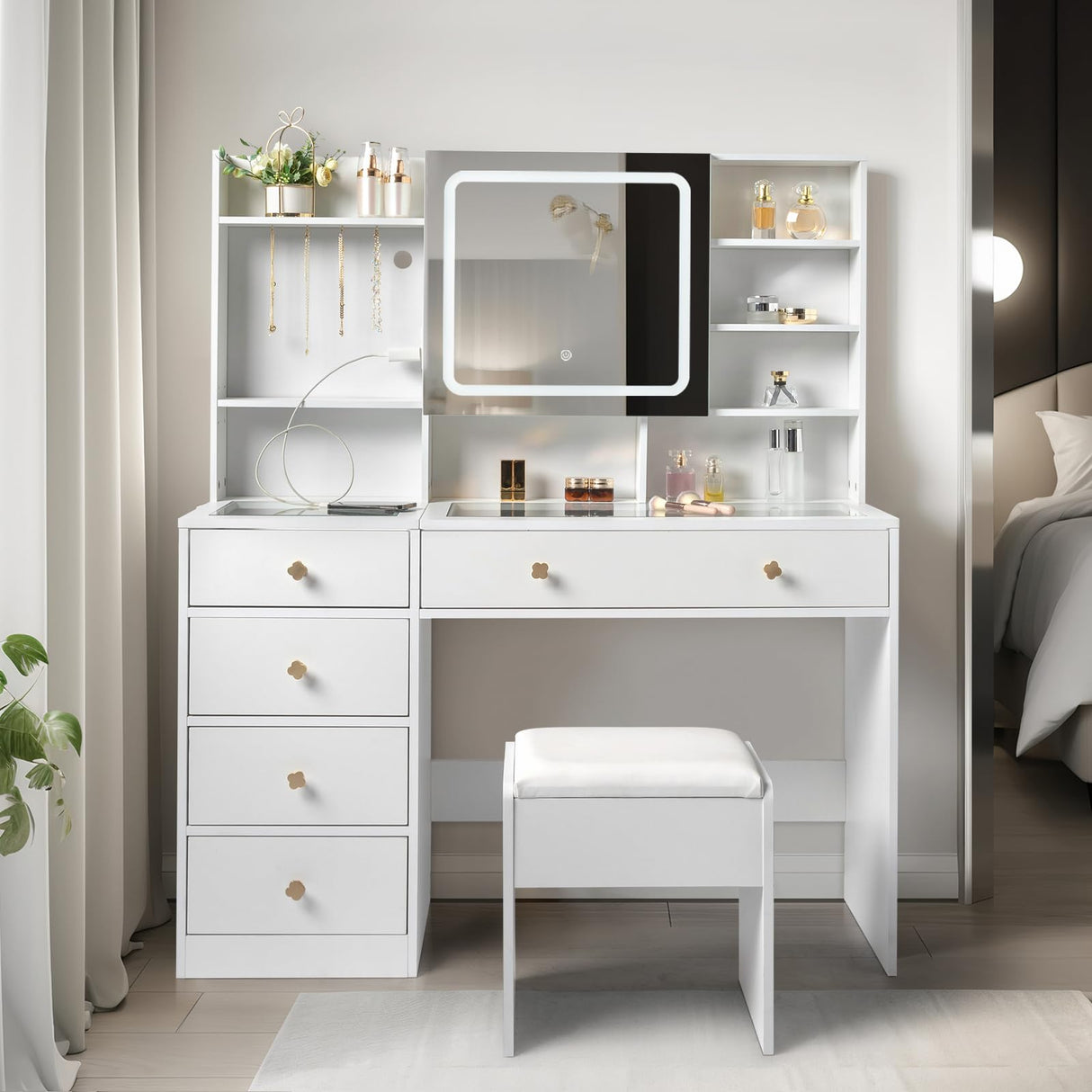Karl home Makeup Vanity with Lighted Mirror Bedroom Vanity Desk with Charging Station Large Vanity Set with Transparent Desk, Drawers, Cabinet, Shelves for Storage in Bedroom, White Karl home