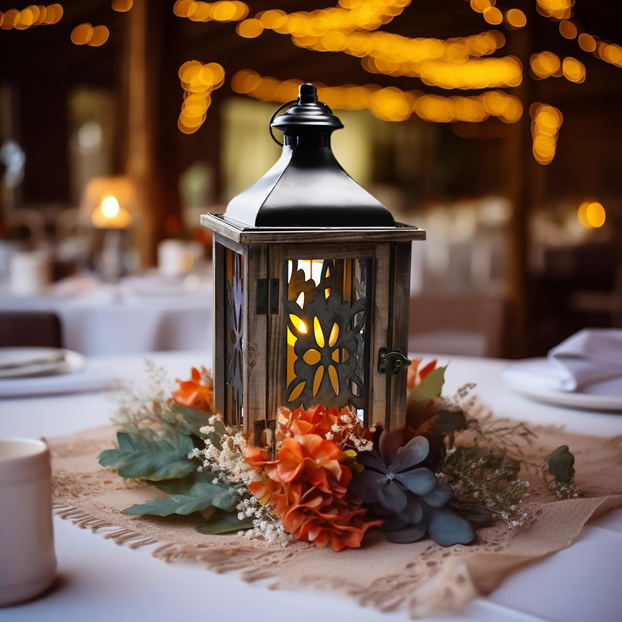 Homemory Rustic Christmas Farmhouse Lantern Decor, Wood & Metal 16'' Candle Lantern Hanging Candle Holders for Outdoor Indoor Home Living Room Patio Porch Table (Wood) Homemory