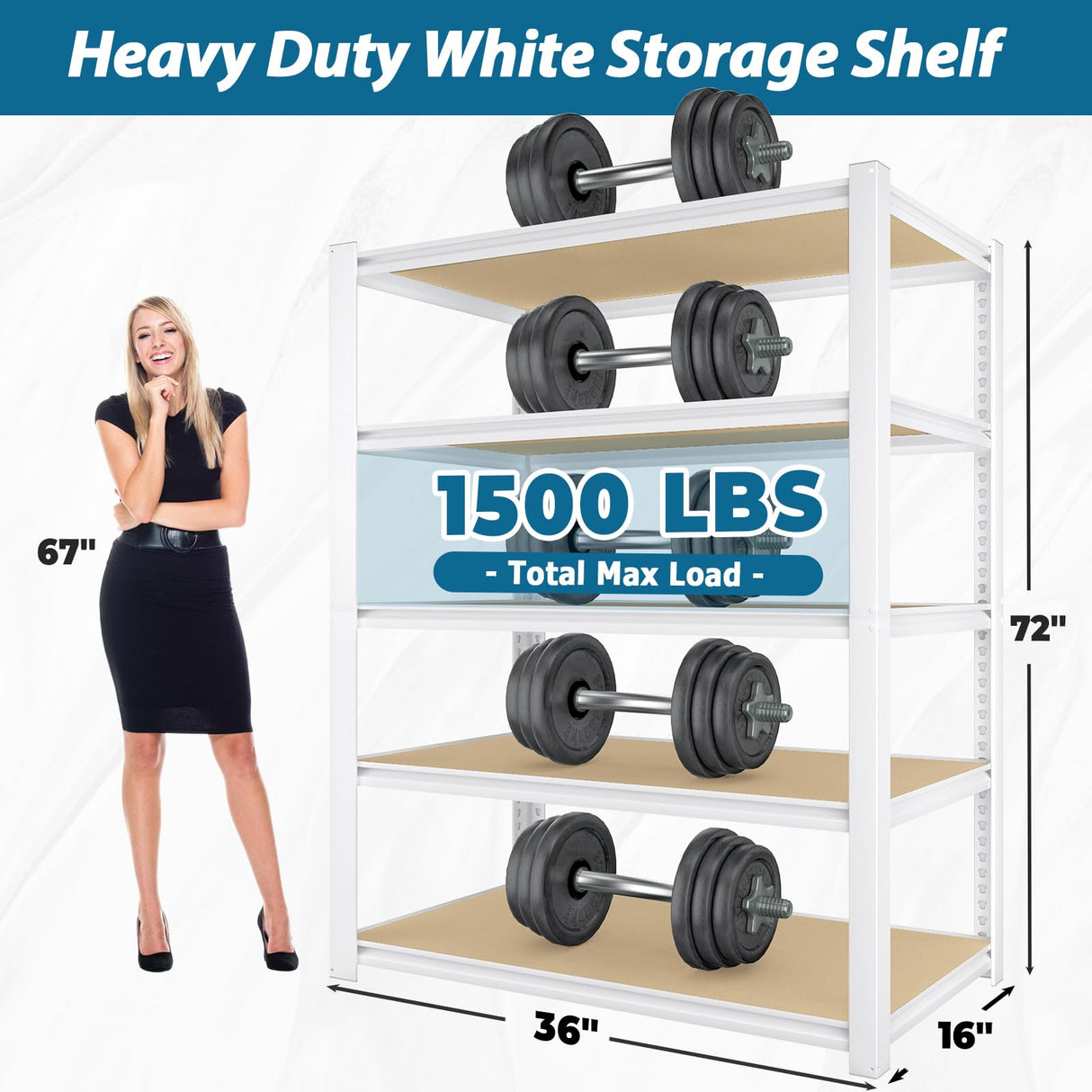PrimeZone 36" W x 16" D x 72" H Closet Storage Shelves - 5 Tier White Metal Connector Shelving, Adjustable Heavy Duty Garage Shelves, Utility Rack Organizer Shelf for Kitchen Pantry Closet Garage PrimeZone