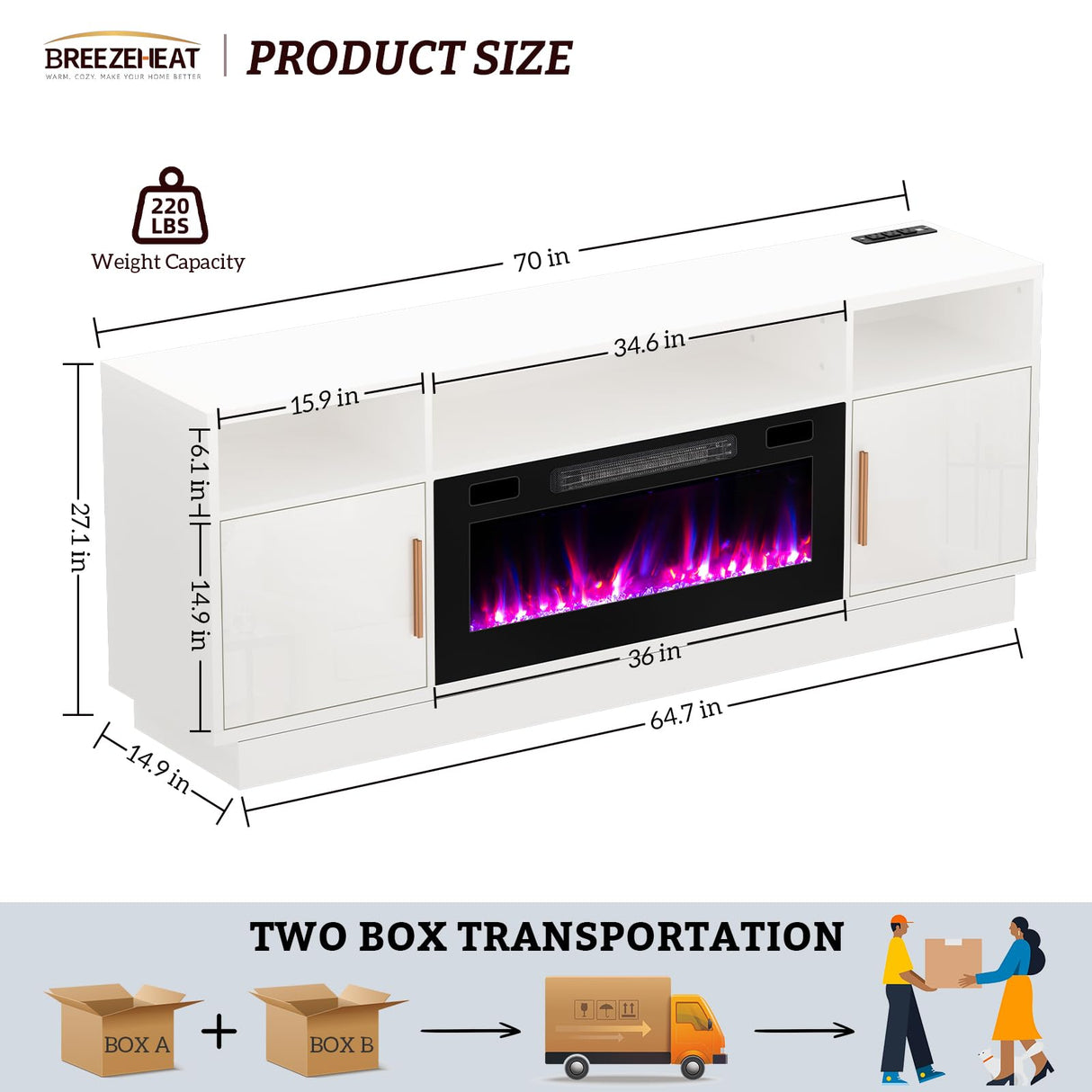 BREEZEHEAT Electric Fireplace TV Stand-Led Entertainment Center-70 inch TV Stand with 36" Electric Fireplace-Living Room Tv Cabinet with Storage for TVs Up to 80"，Modern Media Console (White) BREEZEHEAT