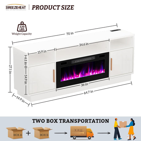BREEZEHEAT Electric Fireplace TV Stand-Led Entertainment Center-70 inch TV Stand with 36" Electric Fireplace-Living Room Tv Cabinet with Storage for TVs Up to 80"，Modern Media Console (White) BREEZEHEAT