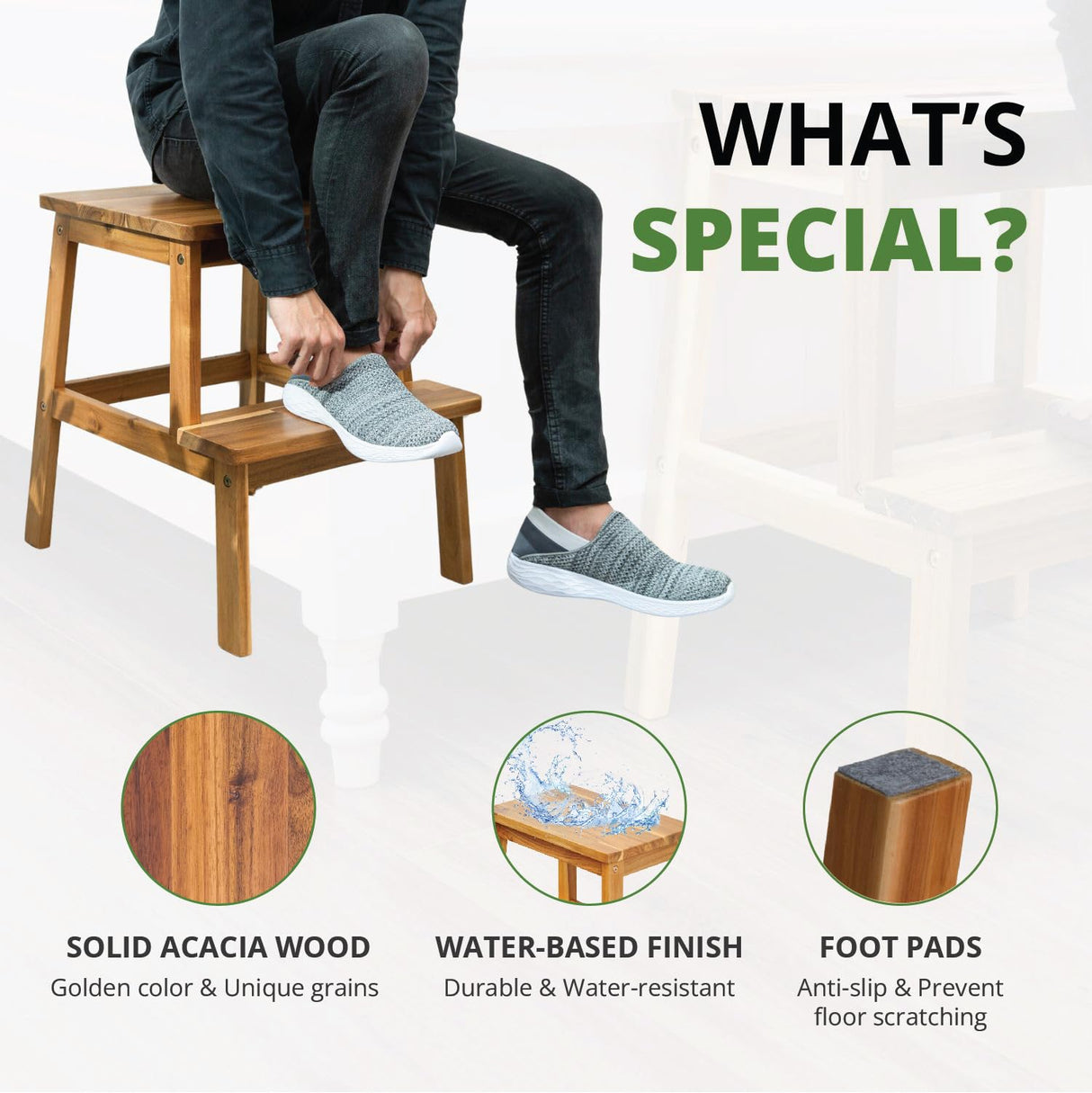 BEEFURNI 2 Step Wood Stool, Wooden Stepping Stools for Adults & Kids 350 lbs, Kids Stepping Chair, Bathroom, Bedroom Bench, Closet Climbing Chair, Easy to Assemble, 1 Year Manufacturer Warranty BEEFURNI
