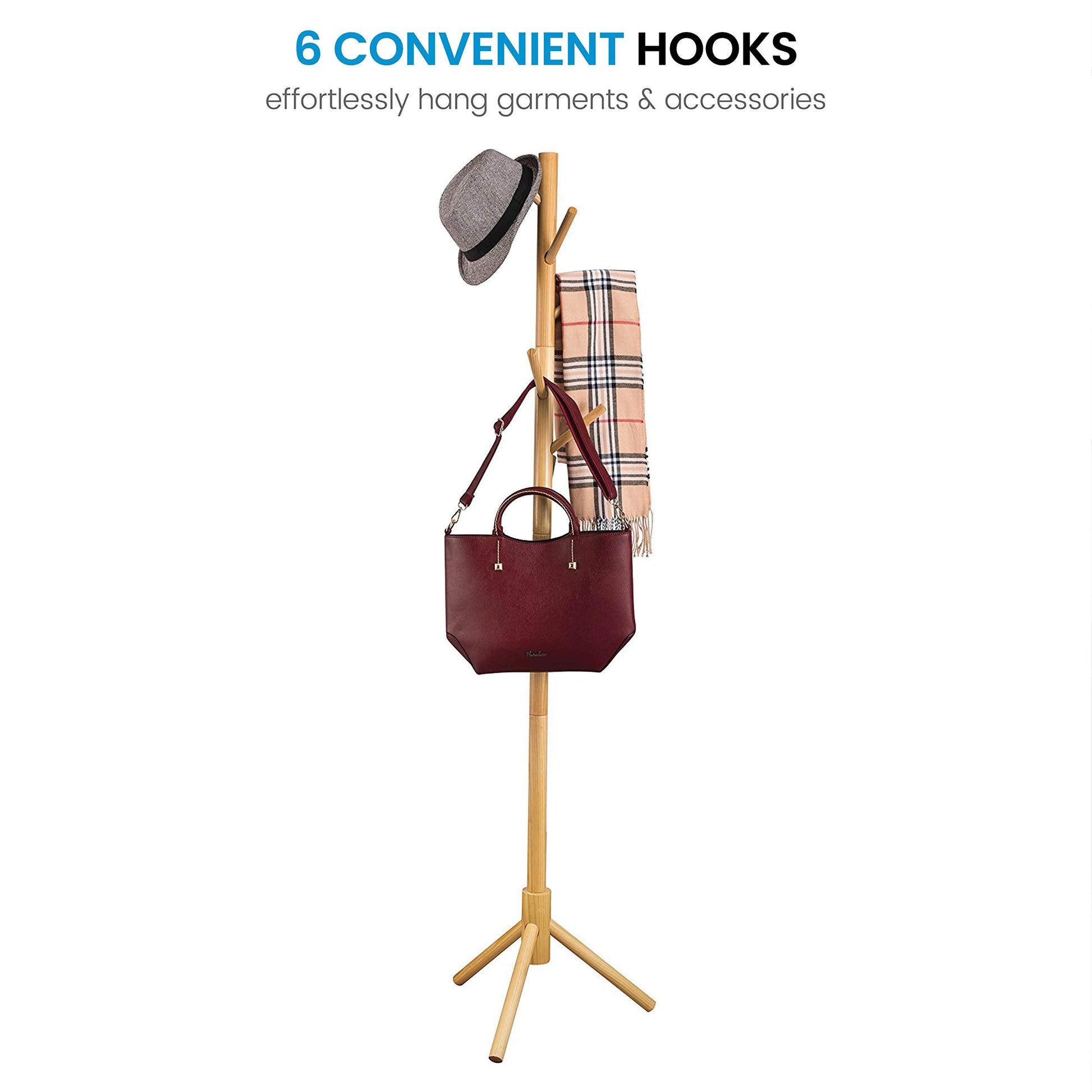 ZOBER Coat Rack Free Standing - Wooden Coat Tree W/ 6 Hooks - Coats, Purses, Hats - Adjustable Sizes, Easy Assembly - Natural - WoodArtSupply