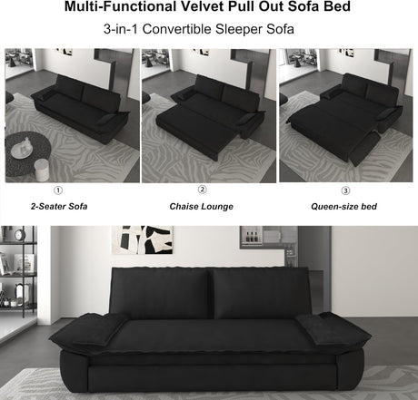 UPYOOE 70.1" Futon Sofa Bed Queen Size, Pull Out Bed, 3-in-1 Convertible Sleeper Sofa with 2 Soft Pillows, Modern Velvet Futon Couch for Living Room, Small Space, Apartment, Bedroom, Black UPYOOE