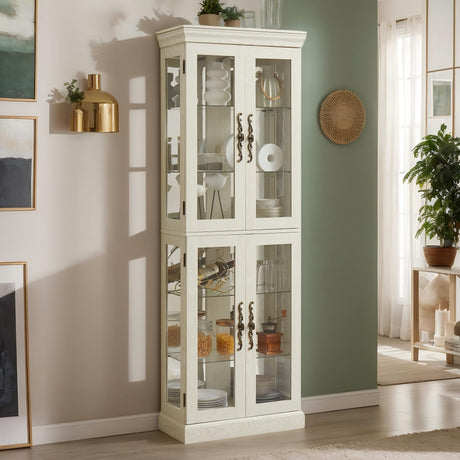 Eyisean 71" Lighted Curio Cabinet with 6 Adjustable Shelves, Vintage Glass Display Case, Tempered Glass Doors, Tall Wine Bar Cabinet for Living Room Liquor Storage, Bulb Included Eyisean