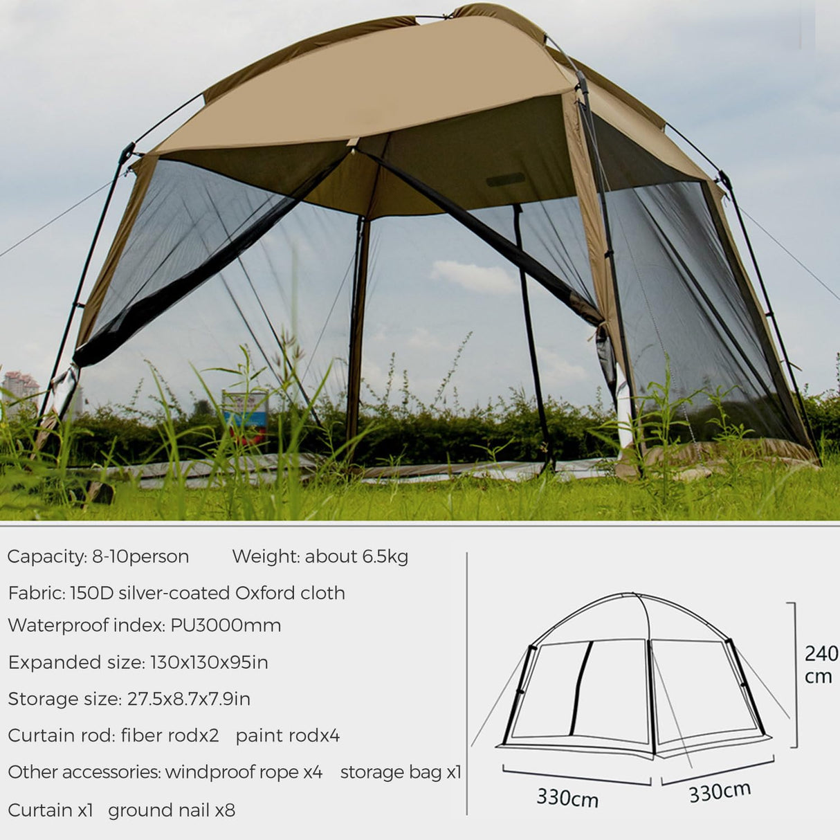 GVDV Screen House Tent 11x11 Ft Mesh Net, Outdoor Camping Screen Room Sun Shade Gazebo Shelter Included Carry Bag, Easy Setup & Waterproof, Perfect for Family Picnic, Backyards, BBQ and Party GVDV