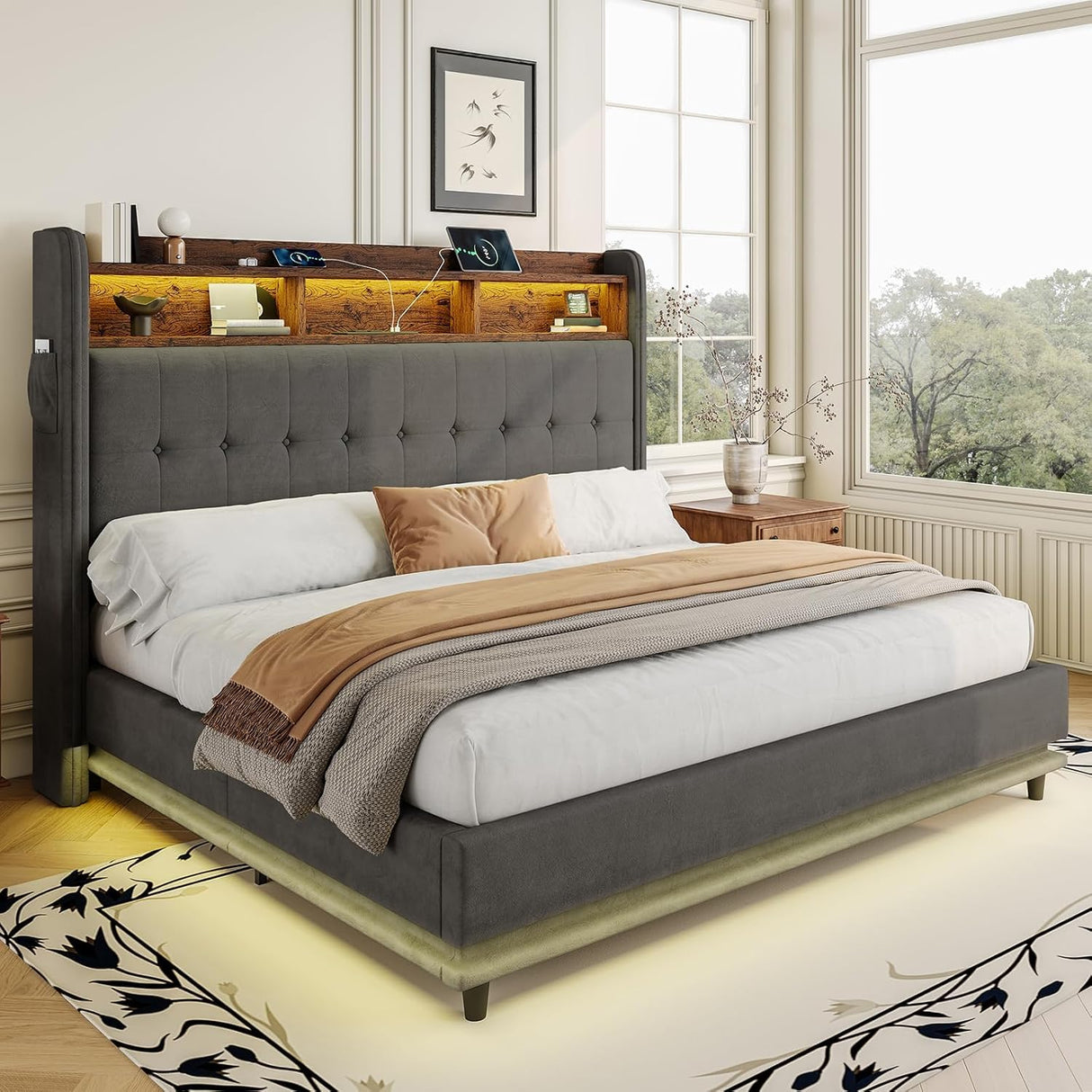 Jocisland 53.1" H Queen Size Bed Frame with Hydraulic Lift Up Storage, RGB LED & Built-in Bookcase Headboard, Velvet Upholstered Wingback Design, No Box Spring Needed, Dark Grey Jocisland