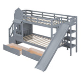 Kids Bunk Bed with Stairs and Slide, Wood Twin Over Twin Bunk Bed with Storage Drawers and Shelves, Castle Style Bunk Beds for Kids Teens Girls Boys, Gray Bellemave