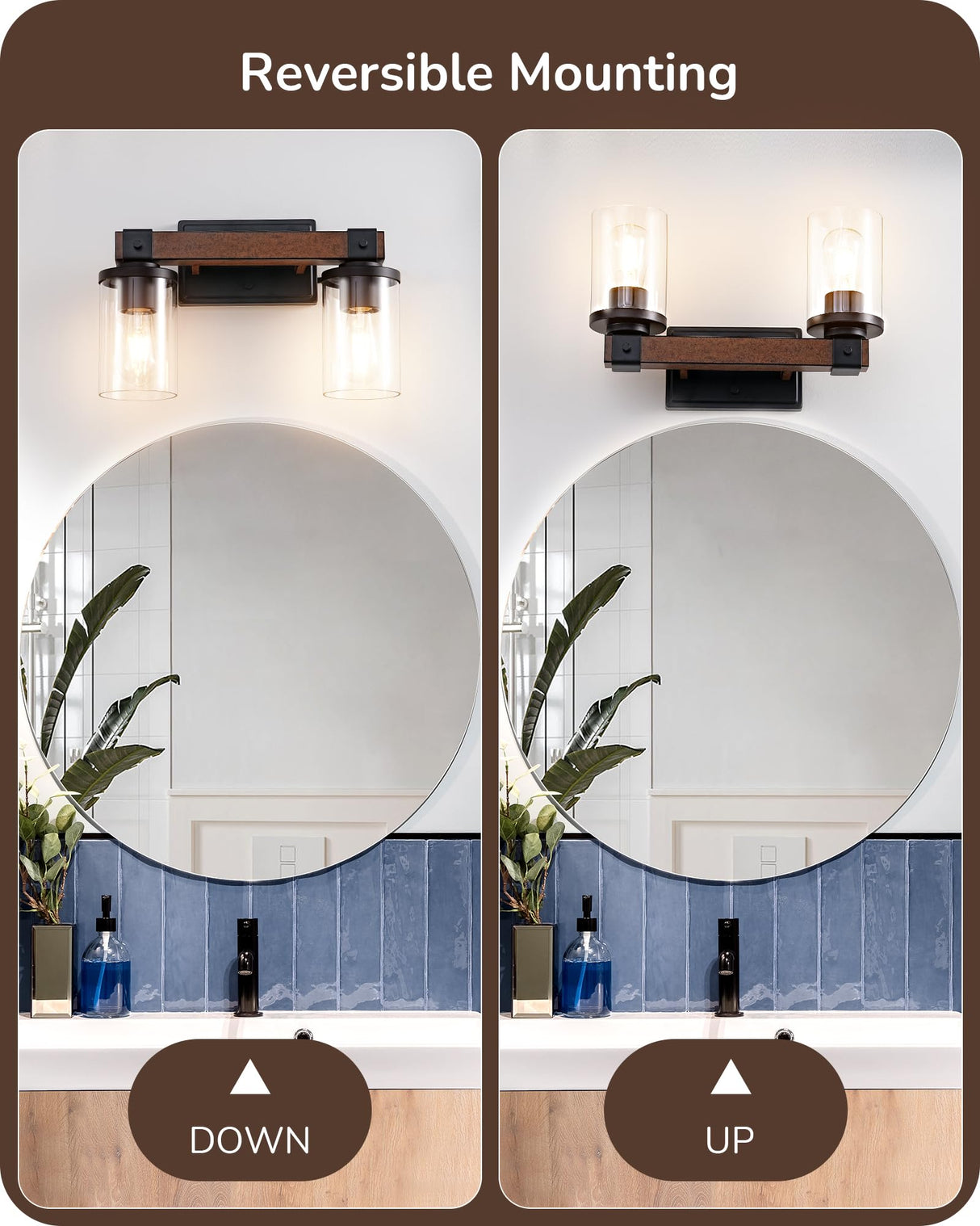 EDISHINE Farmhouse Vanity Lights for Bathroom, 2-Light Bathroom Vanity Light Fixtures Over Mirror, Painted Wood Bath Wall Sconces Lamp with Clear Glass Shade for Bathroom, Powder Room EDISHINE