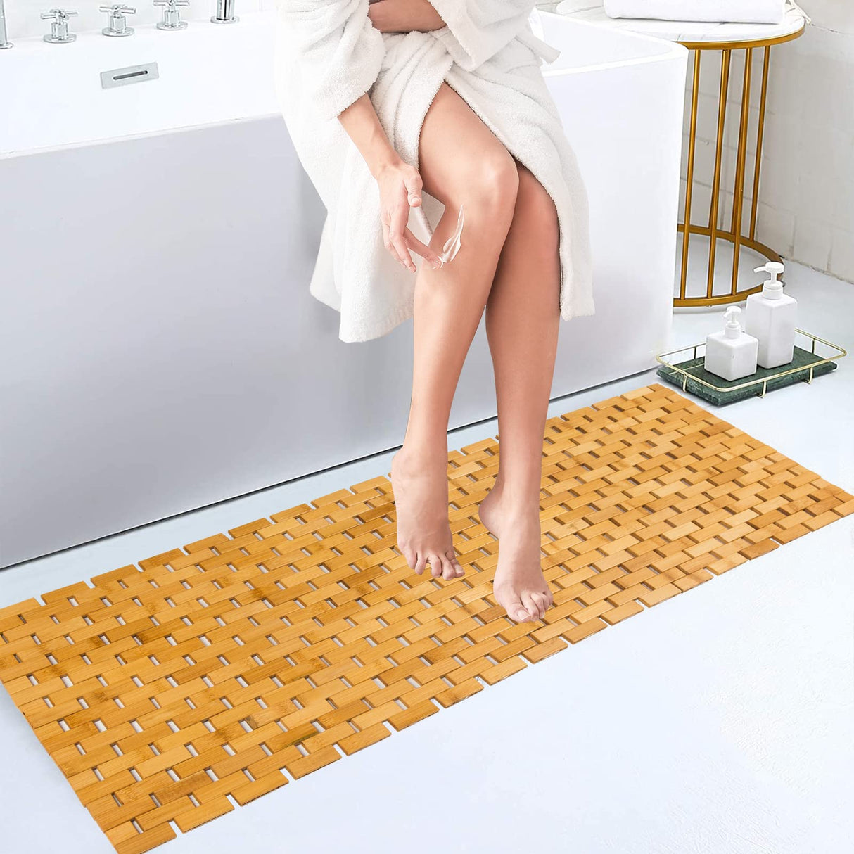 Fovlaurs Bambo Bath Mat Bathroom Runner Long Large Rugs Floor Wood Shower Bathtub Waterproof Non Slip Accessories 16x48 Inch Easy to Clean, Natural, 1 pc Fovlaurs