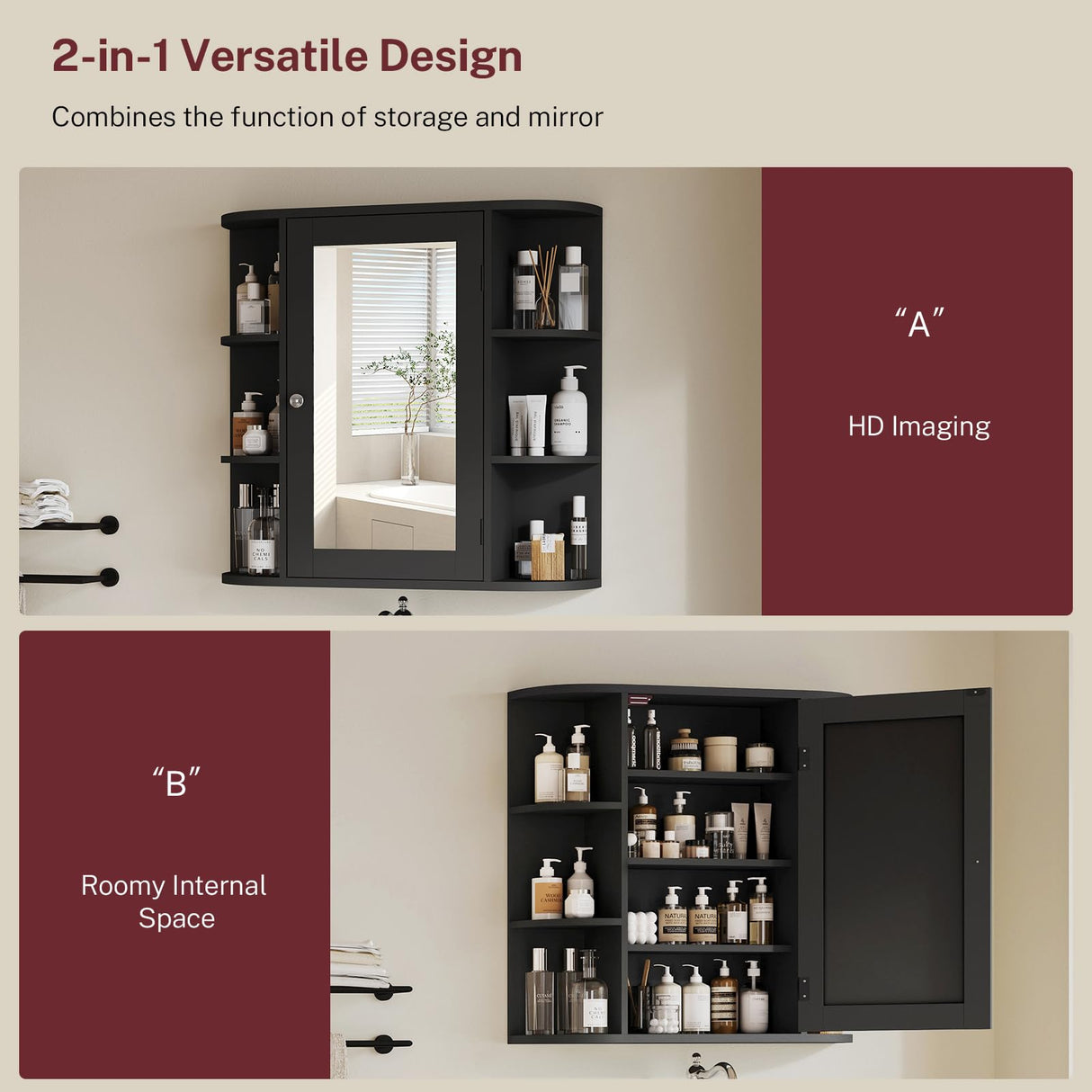 TEENFON Medicine Cabinet Mirror with Door & Adjustable Shelves, Bathroom Medicine Cabinet with Mirror, Medicine Cabinets for Bathroom, Black TEENFON