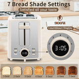 SEEDEEM Toaster 2 Slice, Bread Toaster with LCD Display, 7 Shade Settings, 1.４'' Extra Wide Slots Toaster with Cancel, Bagel, Defrost, Reheat Functions, Removable Crumb Tray, 900W, Cream White SEEDEEM