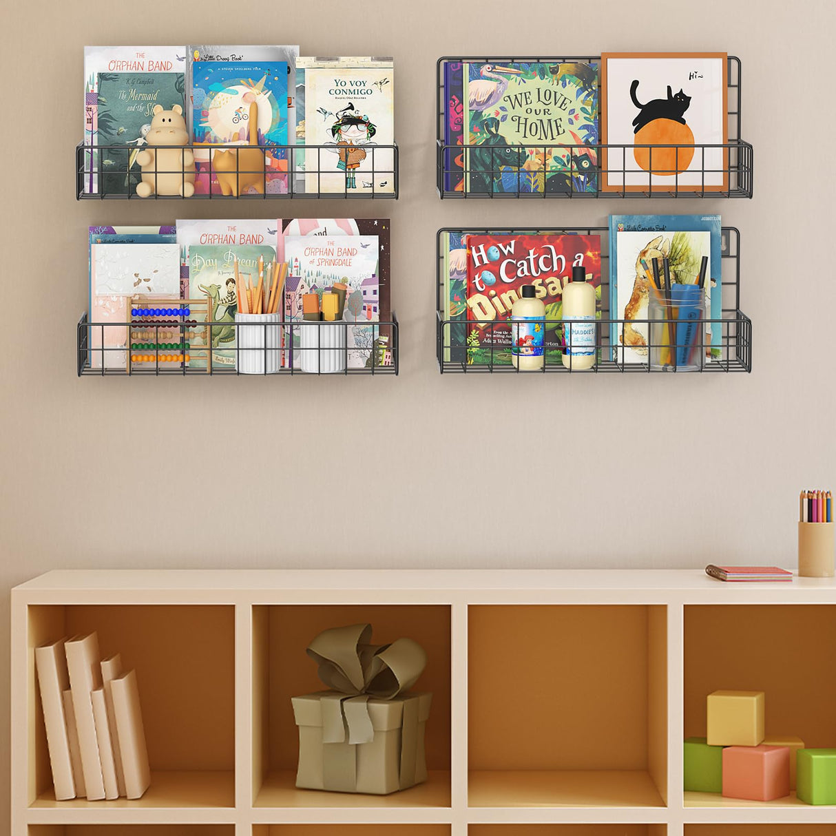 Wall Mounted Metal Kids Bookshelf - Wall Book Shelf for Kids Rooms, Hanging Book Baskets Organizer for Room Decor, Nursery Classroom Home Floating Bookshelves Set of 4 MFTEK