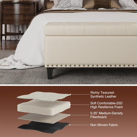 Storage Bench, 51-Inch Storage Ottoman Bench, 30 Gallons, Large Storage Ottoman, Modern Faux Leather Ottoman With Storage For Living Room, Bedroom, Entryway, Hallway, Office, Cream White FiveWillowise